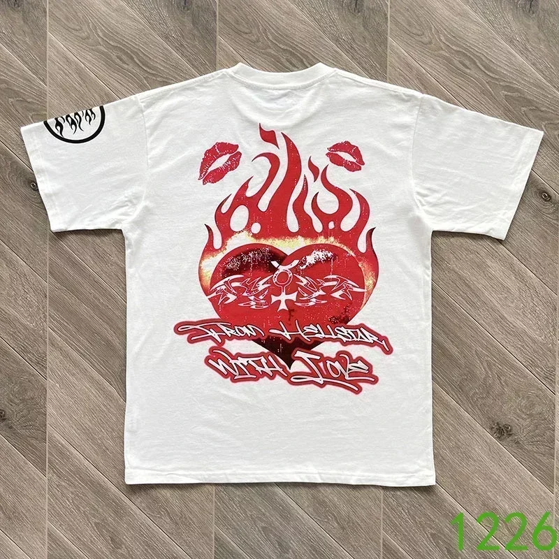 Oversized White Short Sleeves Pure Cotton Men's Women's 1:1 Top Quality Flame Heart Print T-Shirts