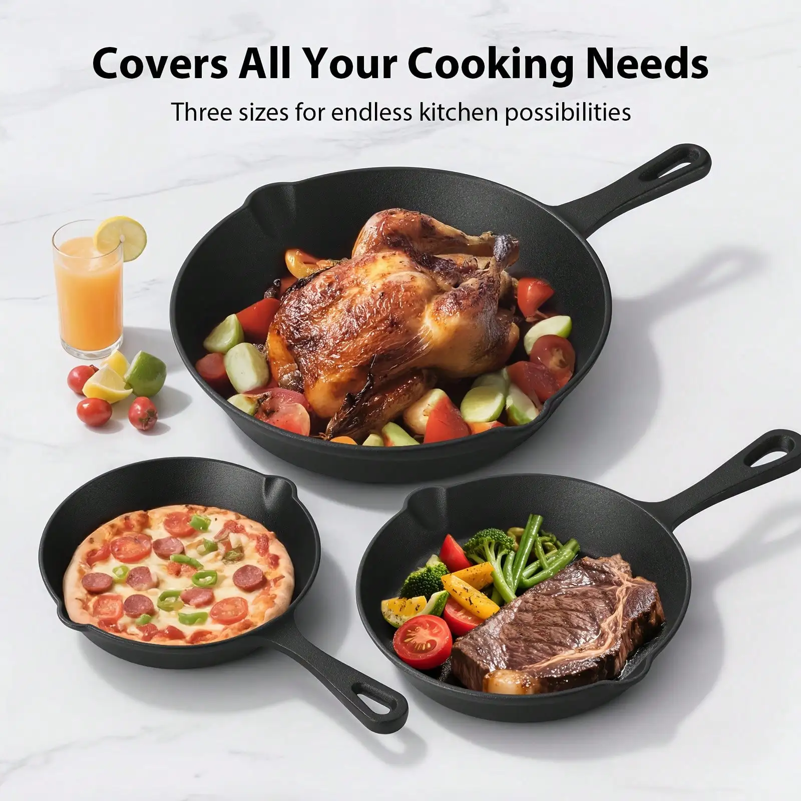 EZIFY Cast Iron Skillet Set Pre-Seasoned Surface, 3 Piece Professional Cookware Set, Versatile Pan For Sauté Fry Indoor & Barbecue Grill, Pre-Seasoned Cooking Fry Pan sh260612142118943355570