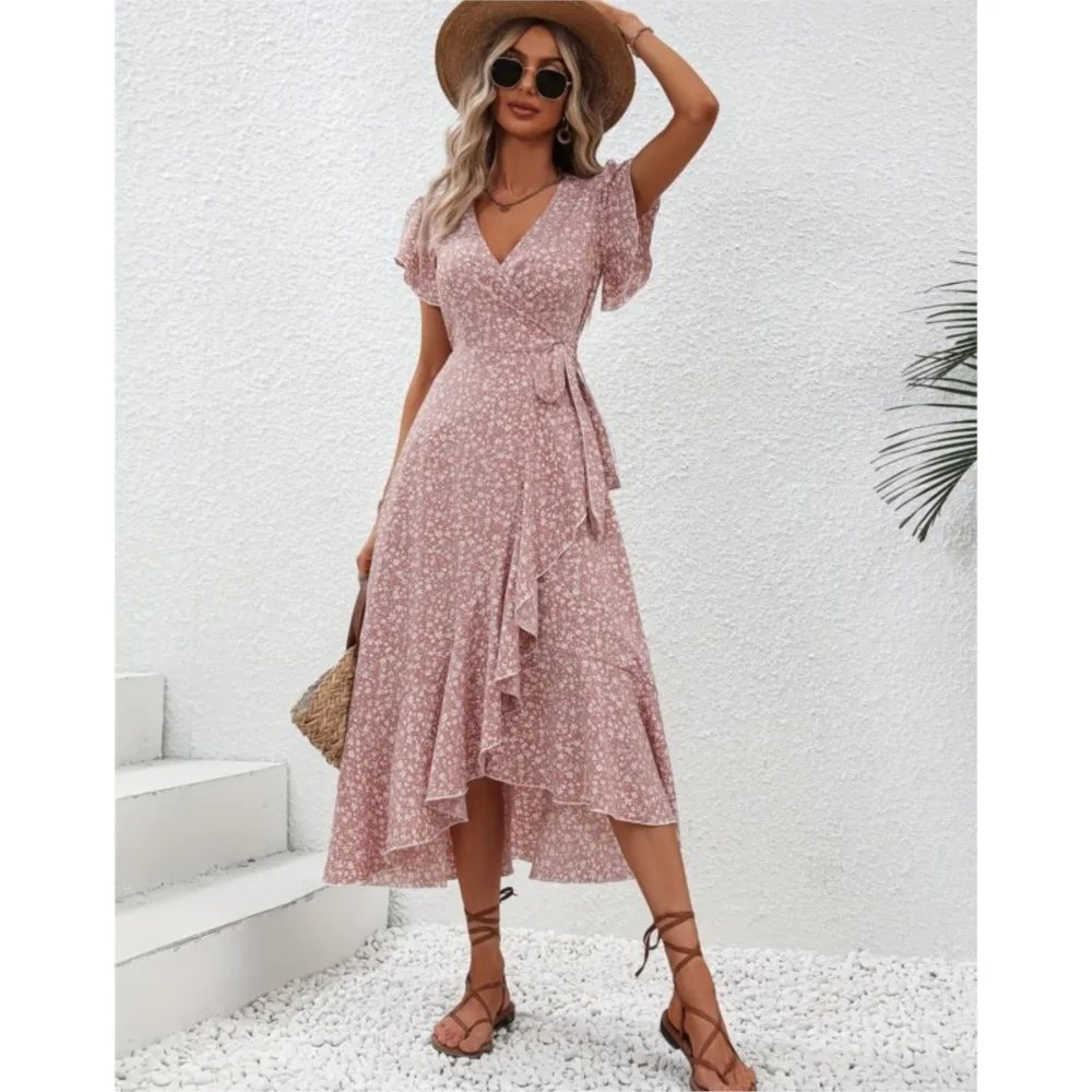 Women's Flower Flowy Split Midi Dress Summer Fashion V Neck Short Sleeve Irregular Dresses Boho Beach Holiday Sundress Robe
