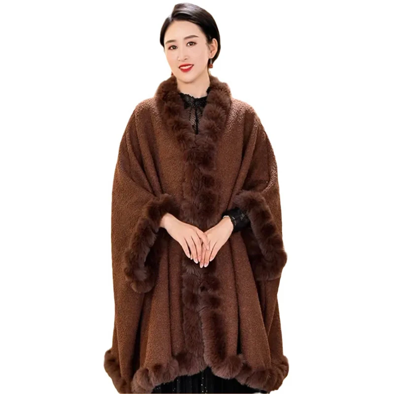 Fashion Wavy Faux Fur Trims Imitate Lamb Wool Coat Cloak Winter Women Batsleeve Overcoat Cape Wraps Thick Lining