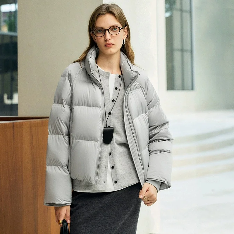 2025, Winter, neue Damen-Stehkragen, Satin, dick, warm, Daunenjacke, Y2K, hochwertige Mode, lässig, weiße Entendaunen-Schneejacke