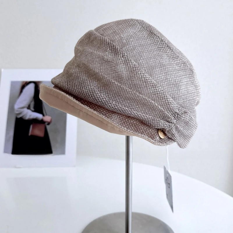 Spring and Summer Vintage Linen Newsboy Hat for Women, Fashionable Irregular Pleated Duckbill Cap, Thin and Breathable Artist Ha