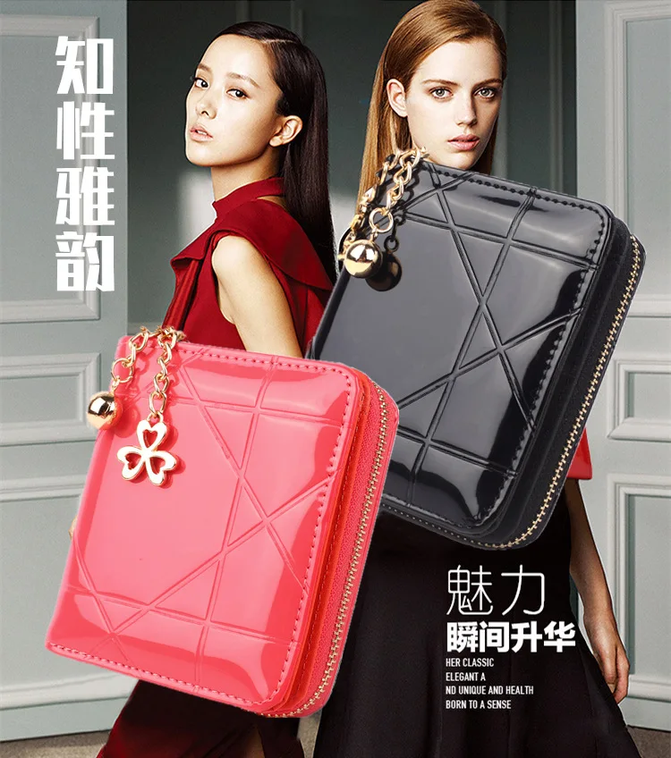 Fashion Short Zipper Coin Bag Women's Tri Fold Card Holder Multifunctional Coin Purse Patent Leather Rhombus Clutch