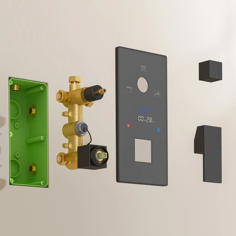 Katup Mixer Pancuran Terpasang di Dinding Digital 2/3 Arah Hitam/Krom dengan Tampilan Kontrol Air Berteknologi Tinggi untuk Mandi dan Pancuran