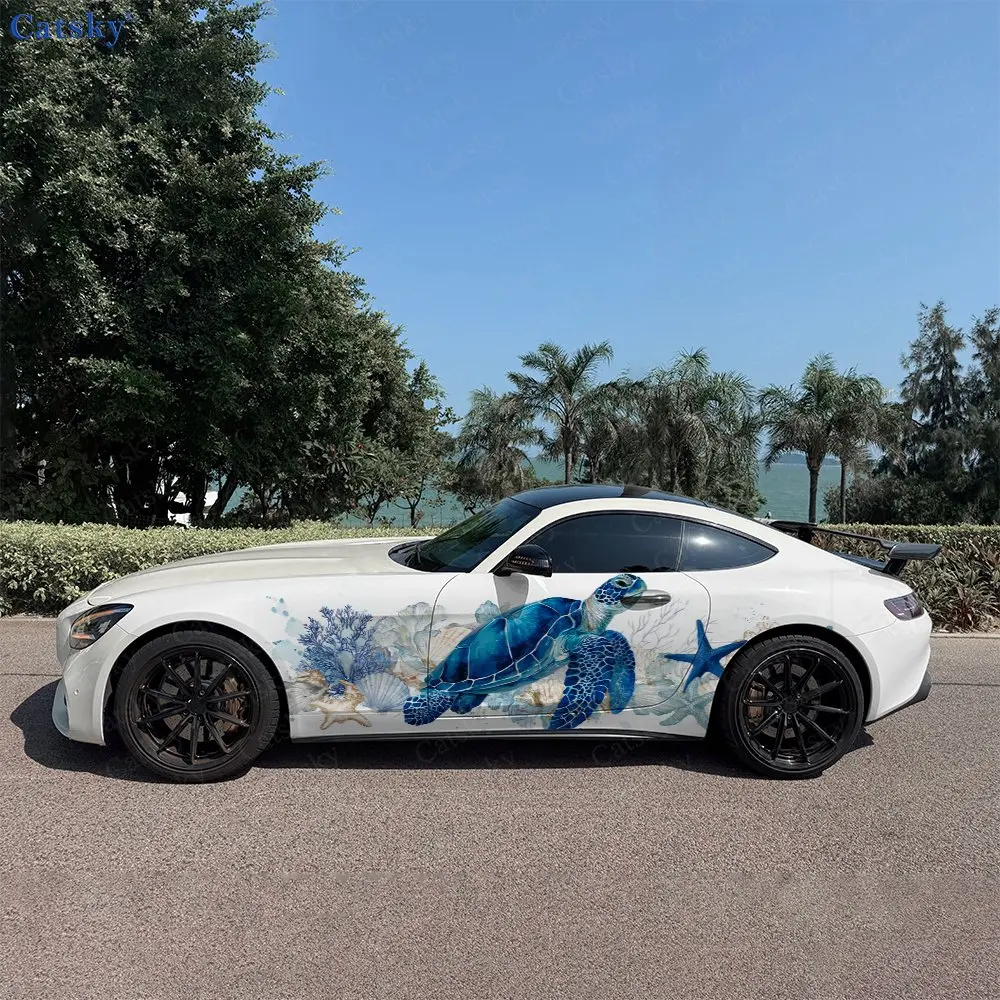 2pcs Watercolor Ocean Sea Turtle Car Side Wraps, Self-Adhesive PVC Waterproof & Scratch-Resistant Stickers, Car Accessory Gift