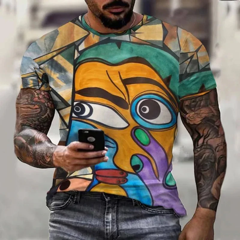 Picasso Abstract Painting T-shirt Men's 3D Printed Street Graffiti Round Neck T Shirts Personality Harajuku Popular Tees Top