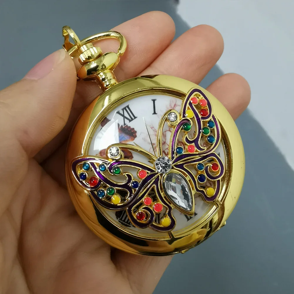 Orologio da tasca al quarzo tempestato di diamanti in cristallo dorato con farfalla per donna, orologio a catena retrò Fob, catena con ciondolo a forma di ciondolo, lusso superiore