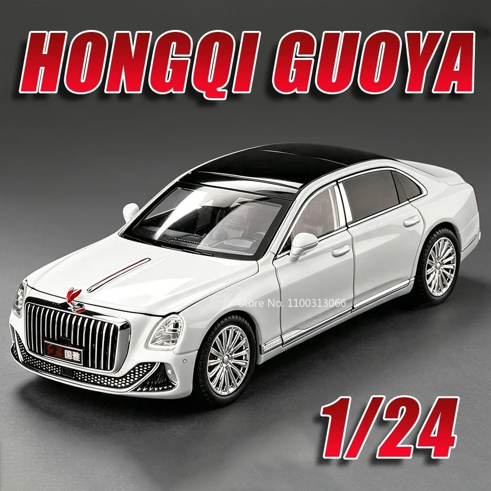 1:24 Miniature Model Car Toy HongQi GuoYa 325LI Alloy Diecast Rubber Tires Doors Opened Pull Back Sound Light Collection Models