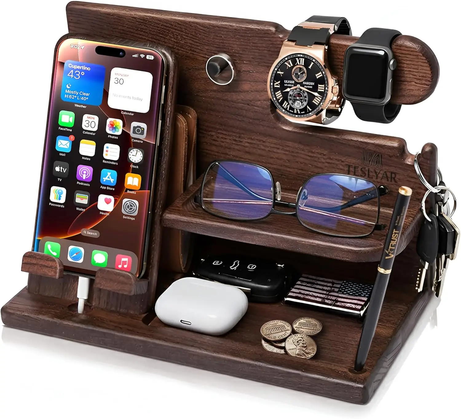 

Wood Phone Docking Station for Men - Desk Organizer with Charging Station & Key Holder - Gift Box Included