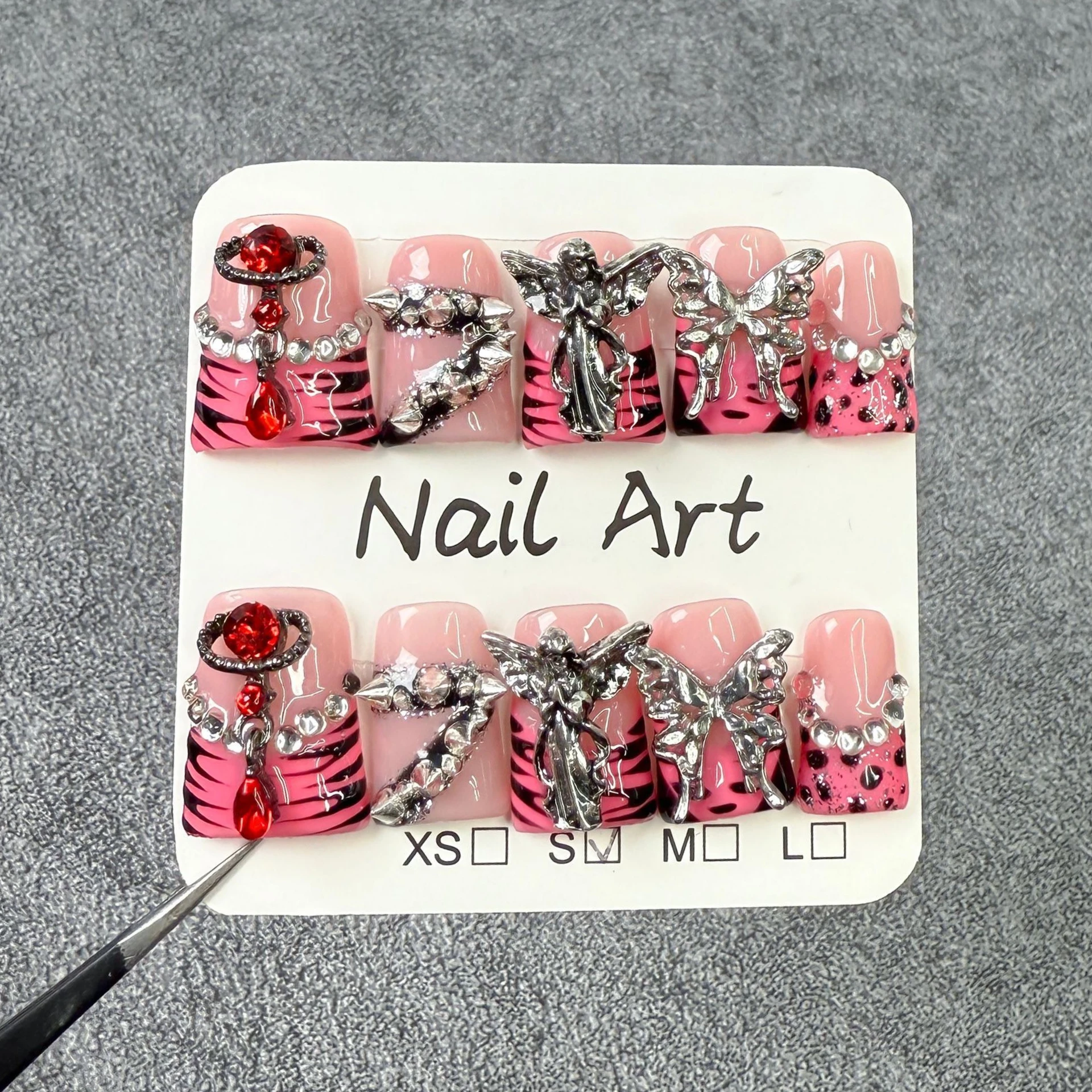 10 szt. Ręcznie robione paznokcie doczepiane typu duckbill, wzór zebry, francuski manicure, sztuczne paznokcie z dekoracjami 3D, naklejane paznokcie, sztuczne paznokcie, 네일팁