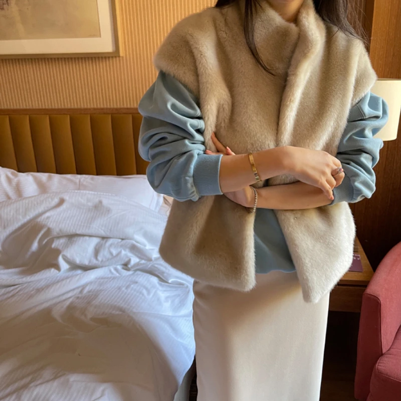 

Корейский шикарный жилет без рукавов из искусственного меха, женское пальто 2022, осень-зима, свободный теплый кардиган, жилеты, куртки, женские повседневные жилеты