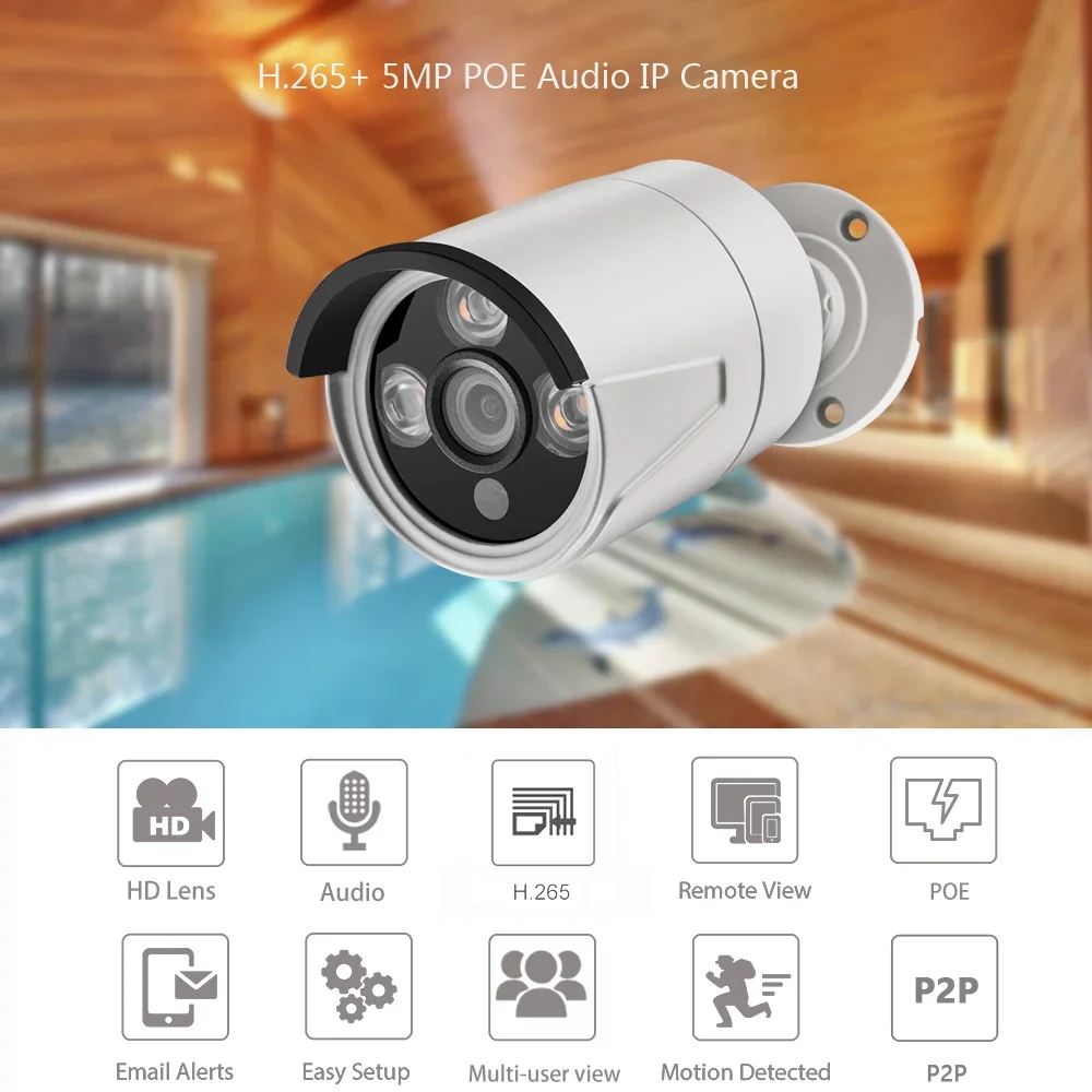 AZISHN AZ-IP603-BW كاميرا IP رصاصة 5MP 2880x1616P الأشعة تحت الحمراء الأمن الصوت في الهواء الطلق مراقبة الأمن المعدني POE/DC 2MP/3MP