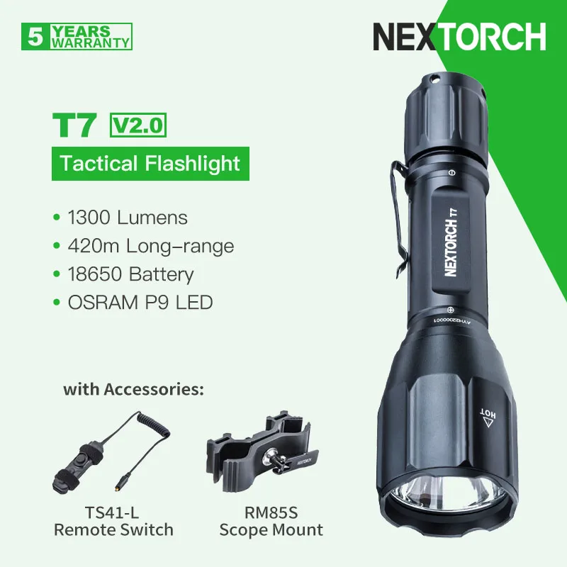 

Nextorch T7 V2.0 Long Range Rechargeable Flashlight, 1300 Lumens 420m Beam Distance,with Remote Switch & Scope Mount,for Hunting