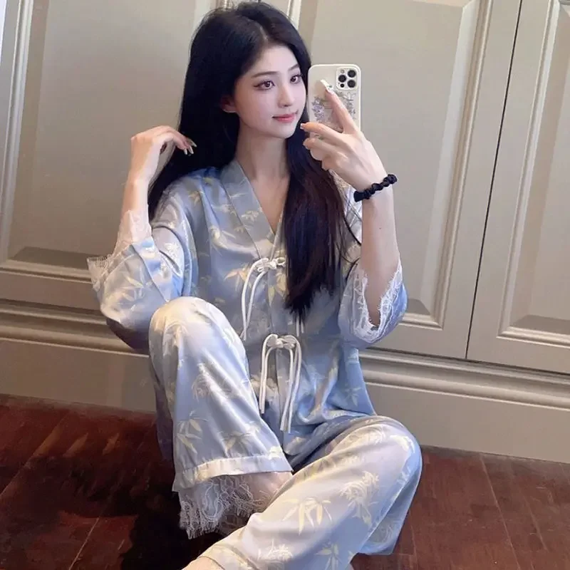 

Silk Pajamas Women Long Sleeve Tops Pants Silk Sleepwear Two Piece Suit High-end Loungewear Print Korean Kawaii Clothes Pajamas