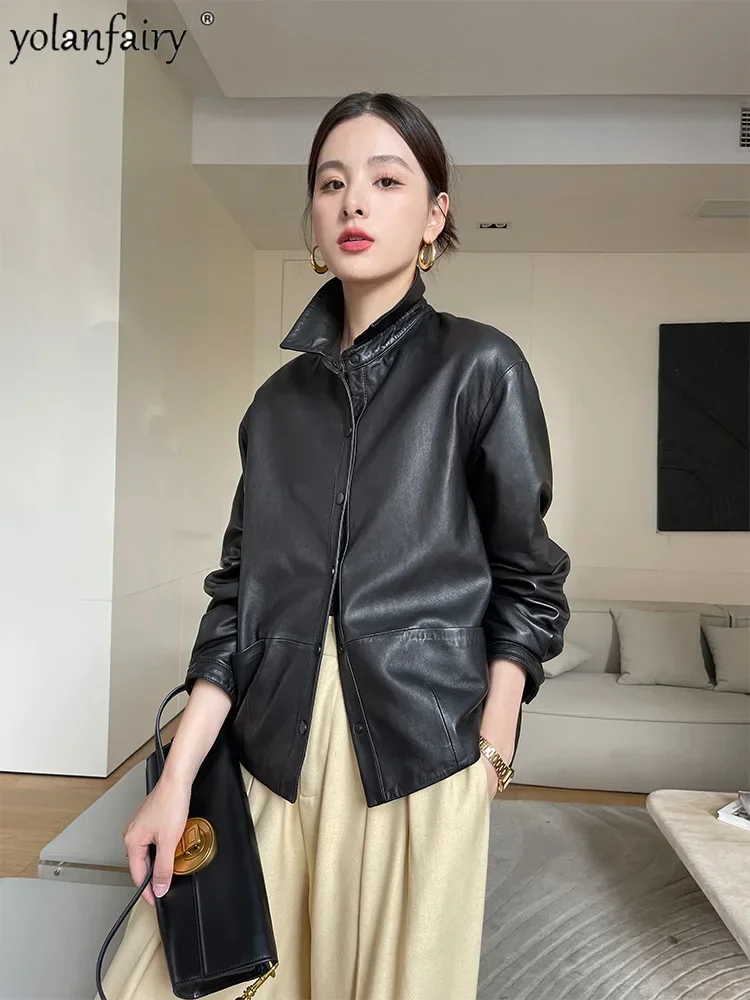 Genuine Leather Jacket Women's Sheepskin Coat Short Casual Loose Plant Tanned Pure Leather Clothing Female Jackets Jaqueta FCY