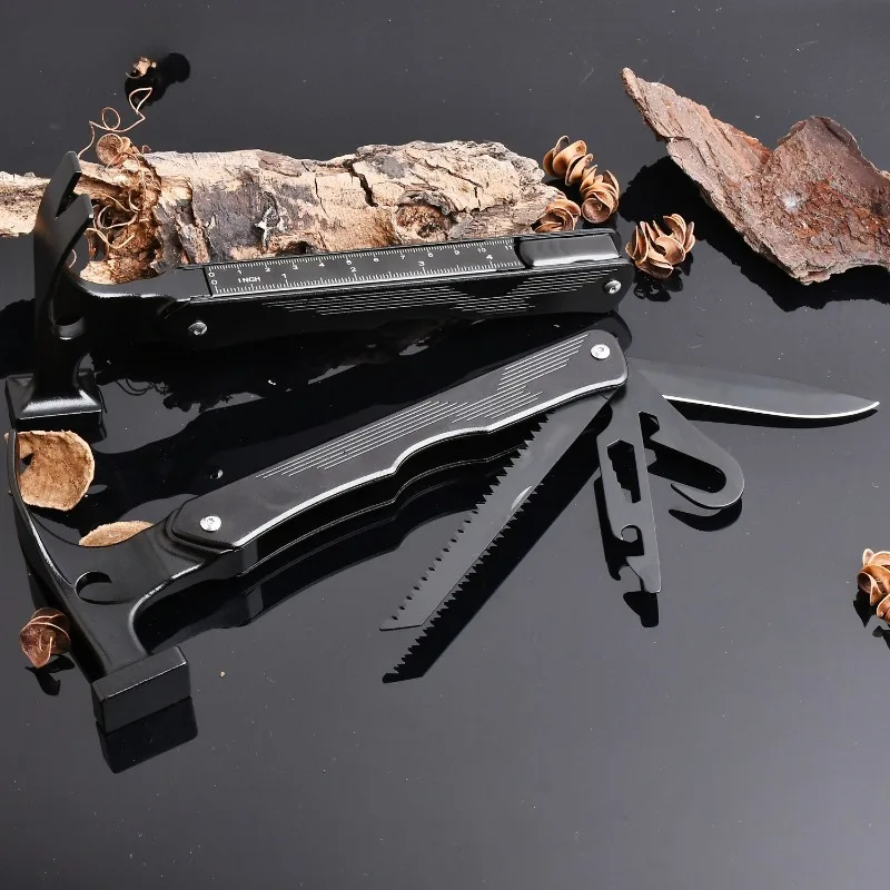 Outdoor Multi Tool Claw Hammer, Emergency Safety Hammer with Saw Knife Bottle Opener Tent Stake Hook for Camping