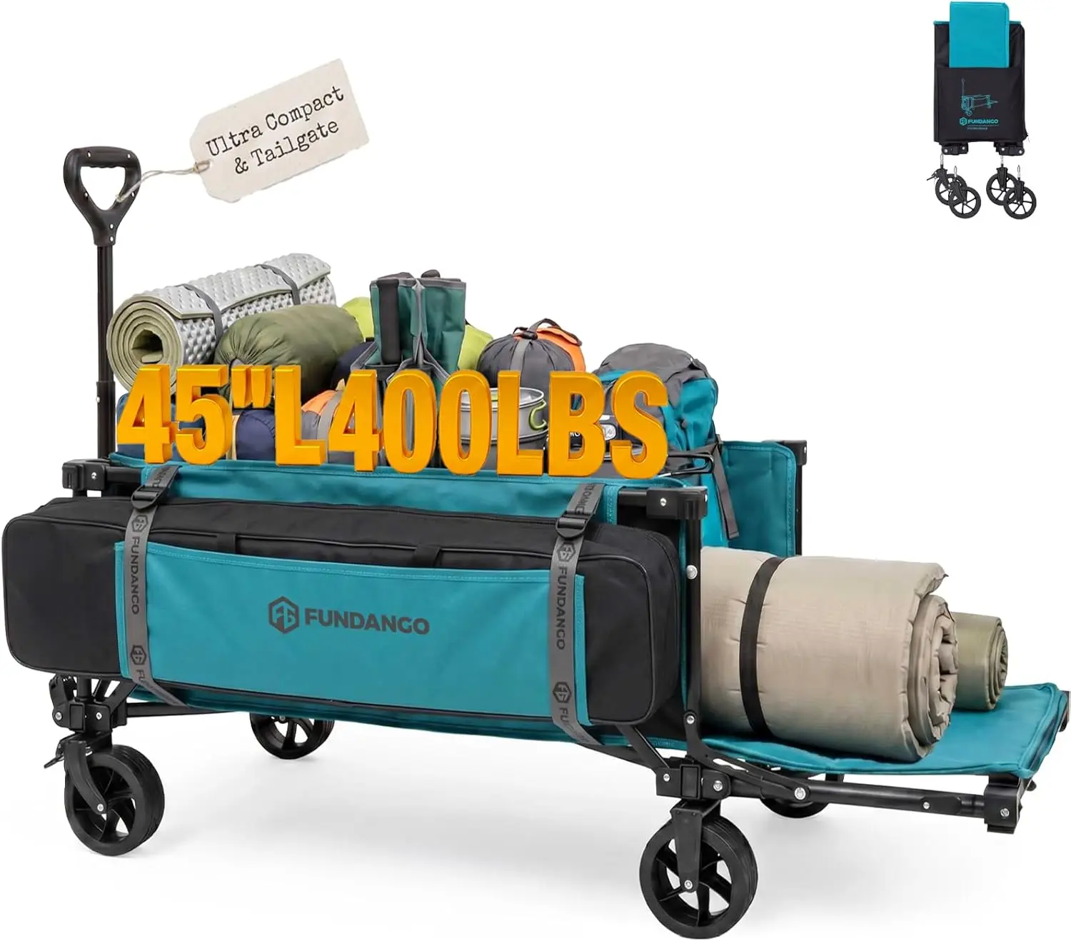 

45" Extra Long Collapsible Wagon with Tailgate, 400LBS Heavy Duty Folding Cart, Compact 1/8 Size, All-Terrain Wheels for Camping Beach Grocery