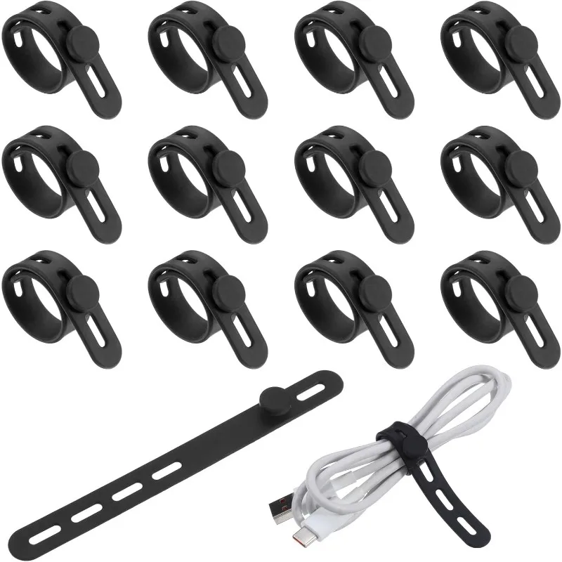 

12PCS Silicone Cable Ties Reusable Cord Ties for Electronics, Data Cable Organizer, Elastic Cord Wrap for Home Office Travel Use