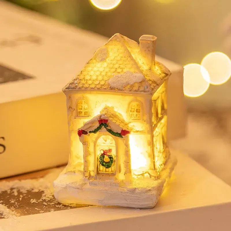 Cartoon Christmas LED Luminous Resin House Micro Landscape Ornament Holiday Gift Decor