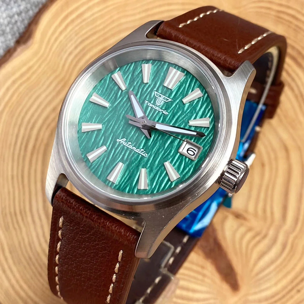 

36mm Tandorio Green Luminous White Dial NH35 Automatic Mechanical Pilot Style 20ATM Dive Watch Men Brown Leather Band