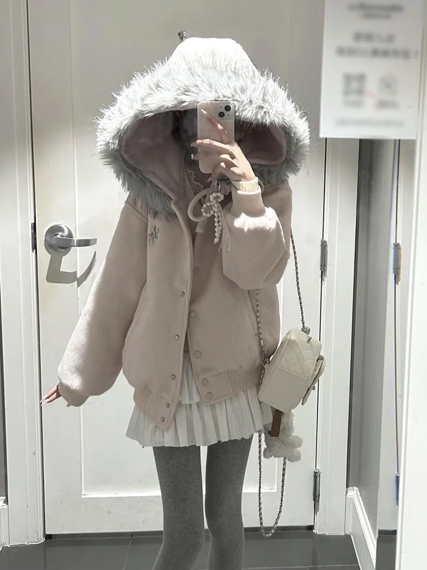 

Американское шерстяное пальто с капюшоном, розовое, с большим меховым воротником, свободного кроя, на завязках, для женщин, весенняя коллекция