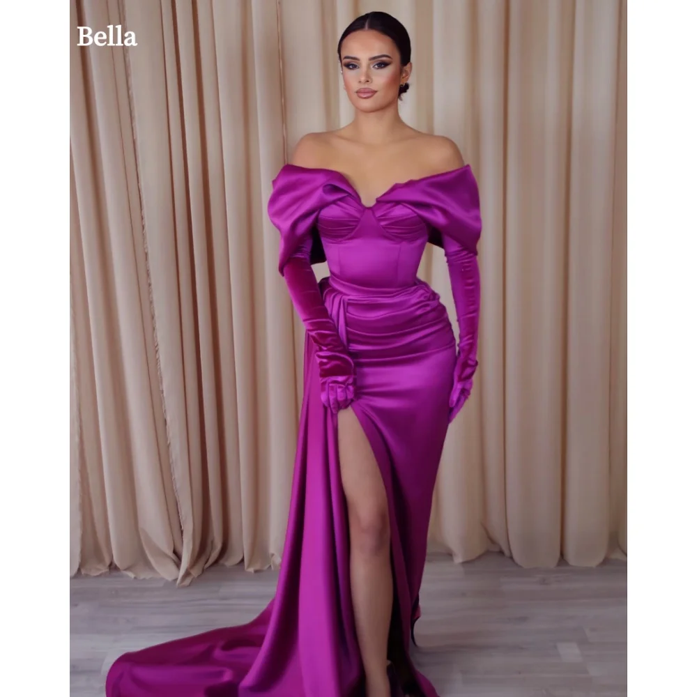 

Bella Customized Purple Off the Shoulder Shawl Gloves robes de soirée Side Slit Satin Party Dresses Floor-Length Prom Dress 2024