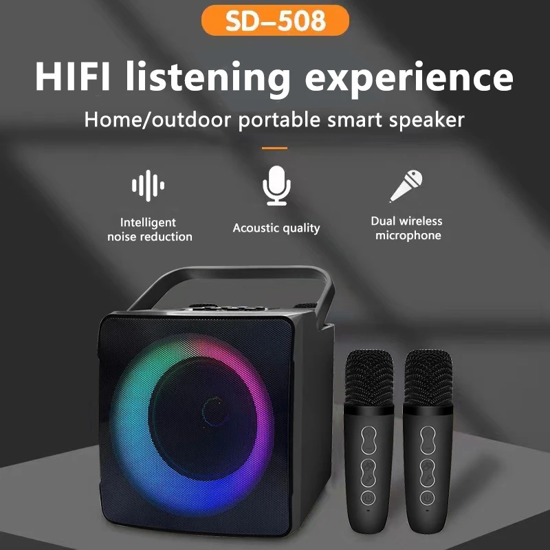 Dual Microphone Karaoke Machine Outdoor Portable Karaoke Bluetooth Speaker Box 10W HIFI Player with RGB LED Light for Home Party