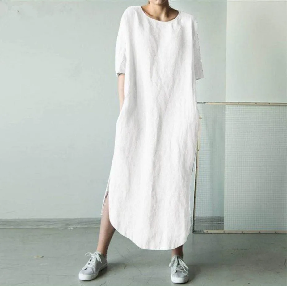 

BluWin Summer Cotton Long Dresses Women 2025 Fashion Casual Short Sleeve O-neck Loose Dress Elegant Vestidos