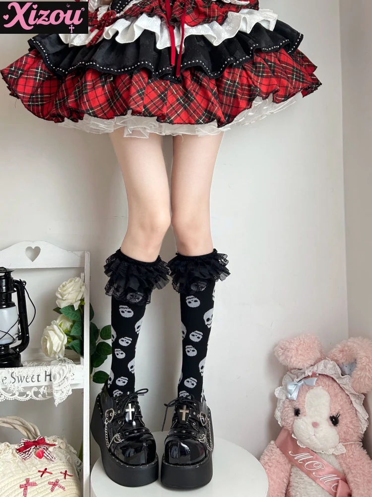 Japanese y2k yabifeng autumn lolita sweet music note black lace calf socks women's pressure socks personality girl tube socks