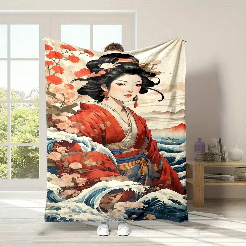 Japanese Geisha Wave Flannel Throw Blanket Vintage Ukiyo-e Kimono Lady Floral Ocean Print Soft Lightweight Blanket for Sofa Bed