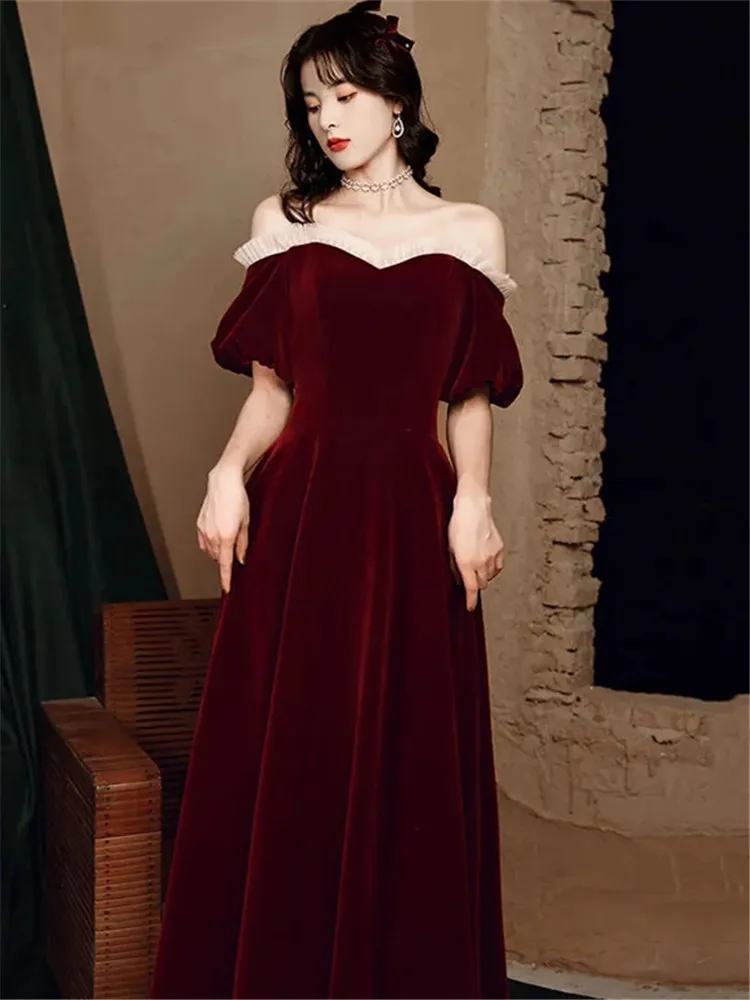 Wine Red Dress for Women Spring and Summer New Splicing V-neck Short Sleeve Long A-line Skirt Velvet Female Clothing M272