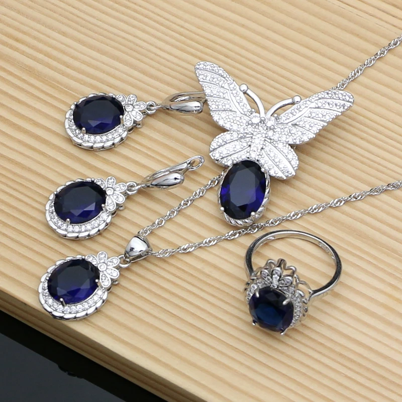 Blue Sapphire Jewelry Sets for Women, 925 Sterling Silver Jewelry Butterfly Brooch Earrings Necklace Ring Bracelet Set Gift