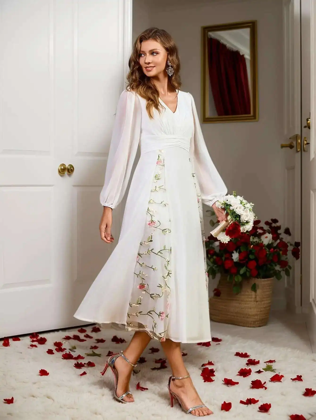 

White Fluffy New Skirt Versatile V-neck Lantern Sleeves Mid Length Skirt Banquet Wedding Bride Gift Party Islam Elegant