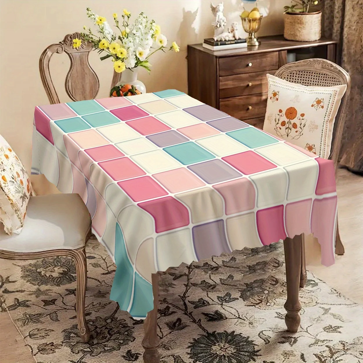 One-piece polyester material, party tablecloth, dopamine grid decorative digital printed tablecloth