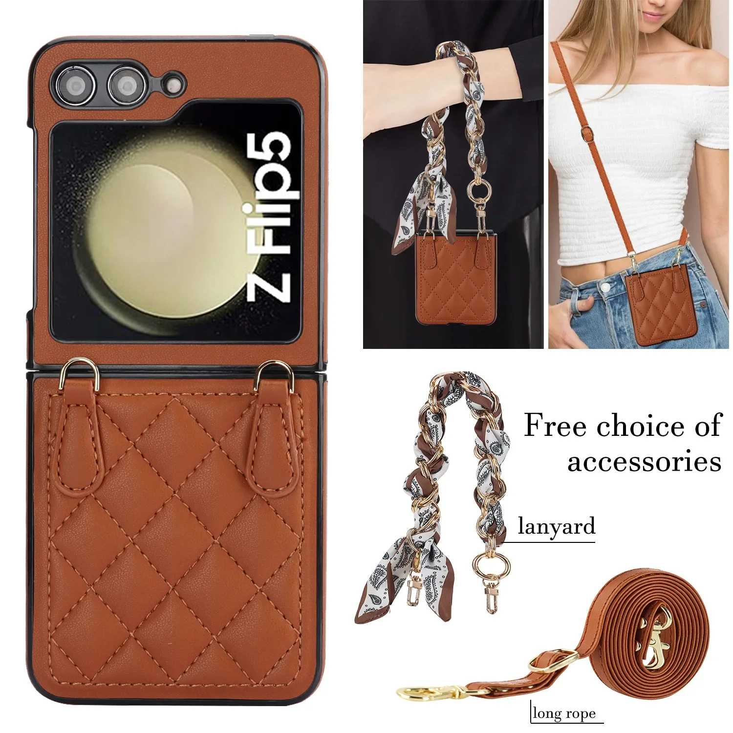

Кожаный чехол для телефона Flip7 Crossbody с ромбовидной сеткой для Samsung Galaxy Z Flip 7 6 5 4 3, шелковый шарф, ремешок на руку + длинная веревка, твердый чехол