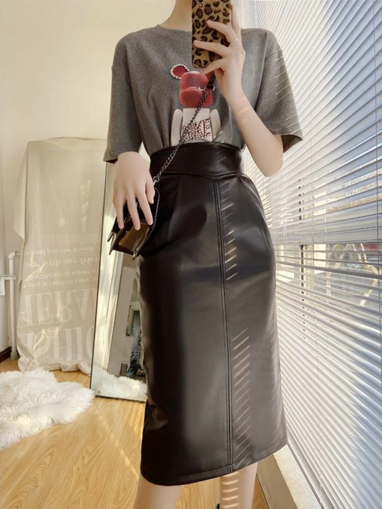 Women Autumn Winter New High Waisted Split Pencil  Long Skirts Fashion Commute Elegant Slimming Pu Leather Half Skirt