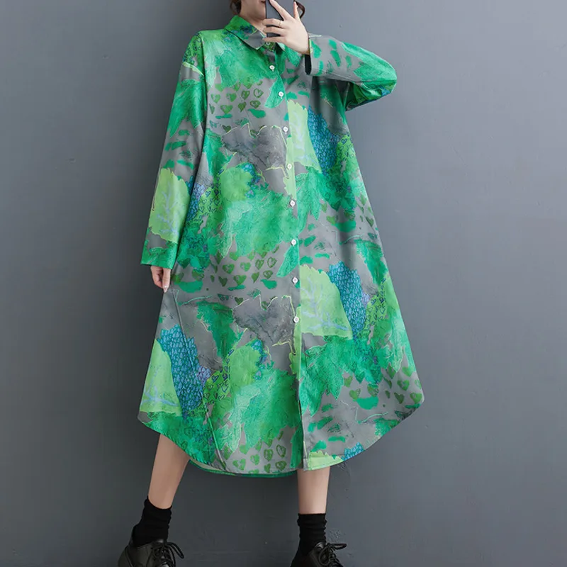 #3454 Spring Vintage Asymmetrical Printed Shirt Dress Women Turn-down Collar Retro Front Button Midi Dress Long Sleeve Loose