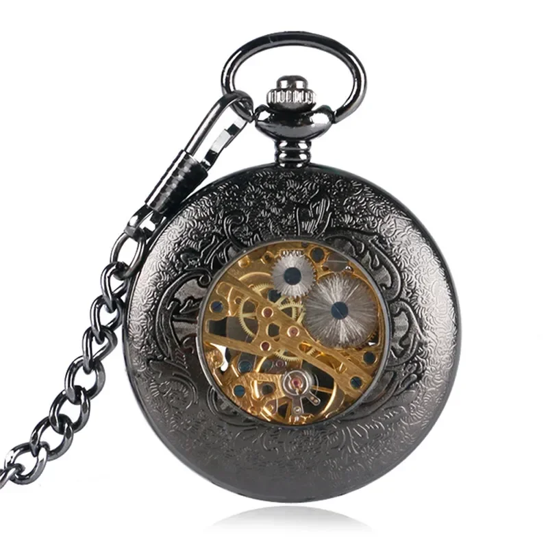 Steampunk Hollow Out Flower Case Men Women Skeleton Clock Handwind Mechanical Pocket Watch Arabic Number Dial Pendant Chain Gift