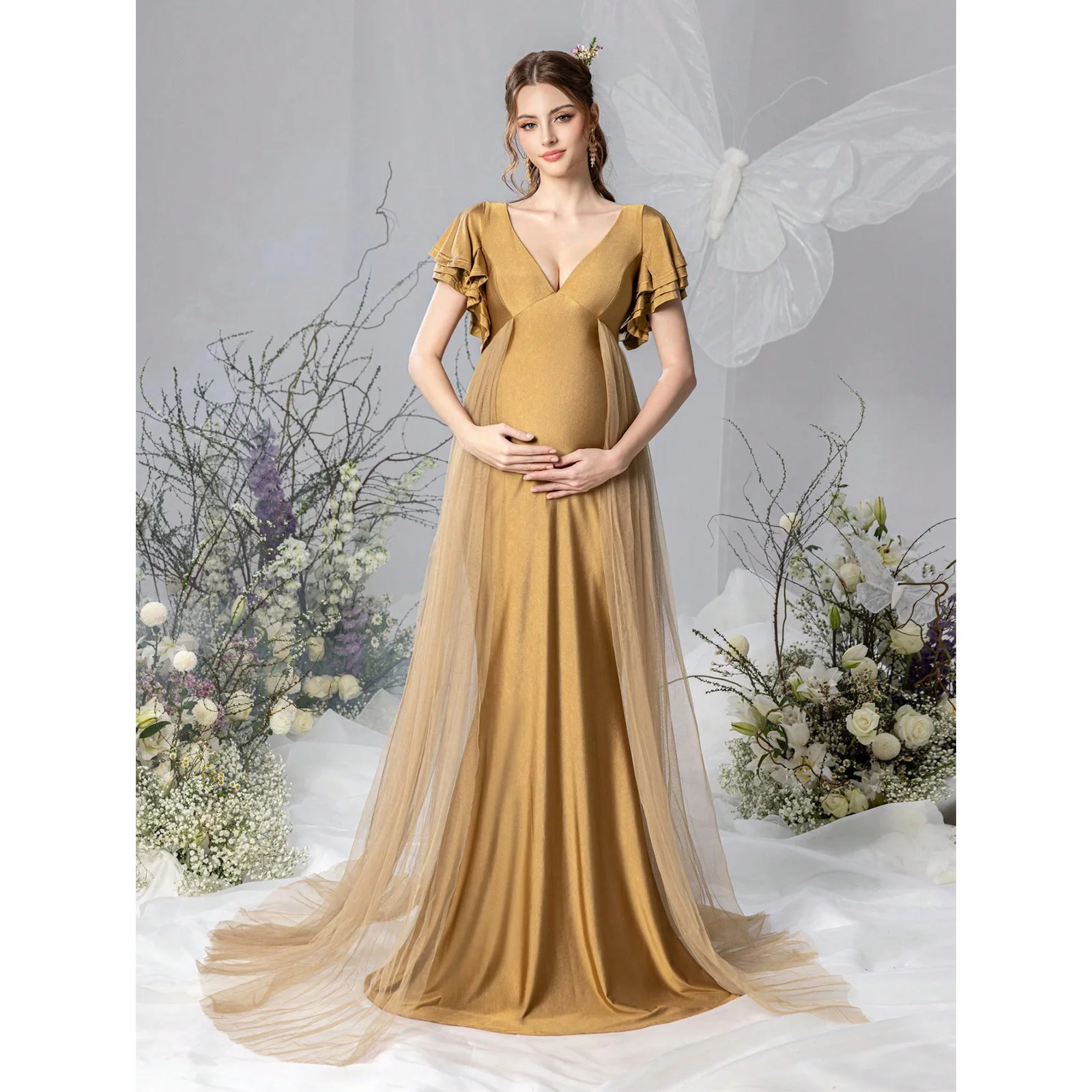 

Элегантное вечернее платье для беременных с многослойными рукавами с оборками и контрастным дизайном из сетчатой ткани. 2026.