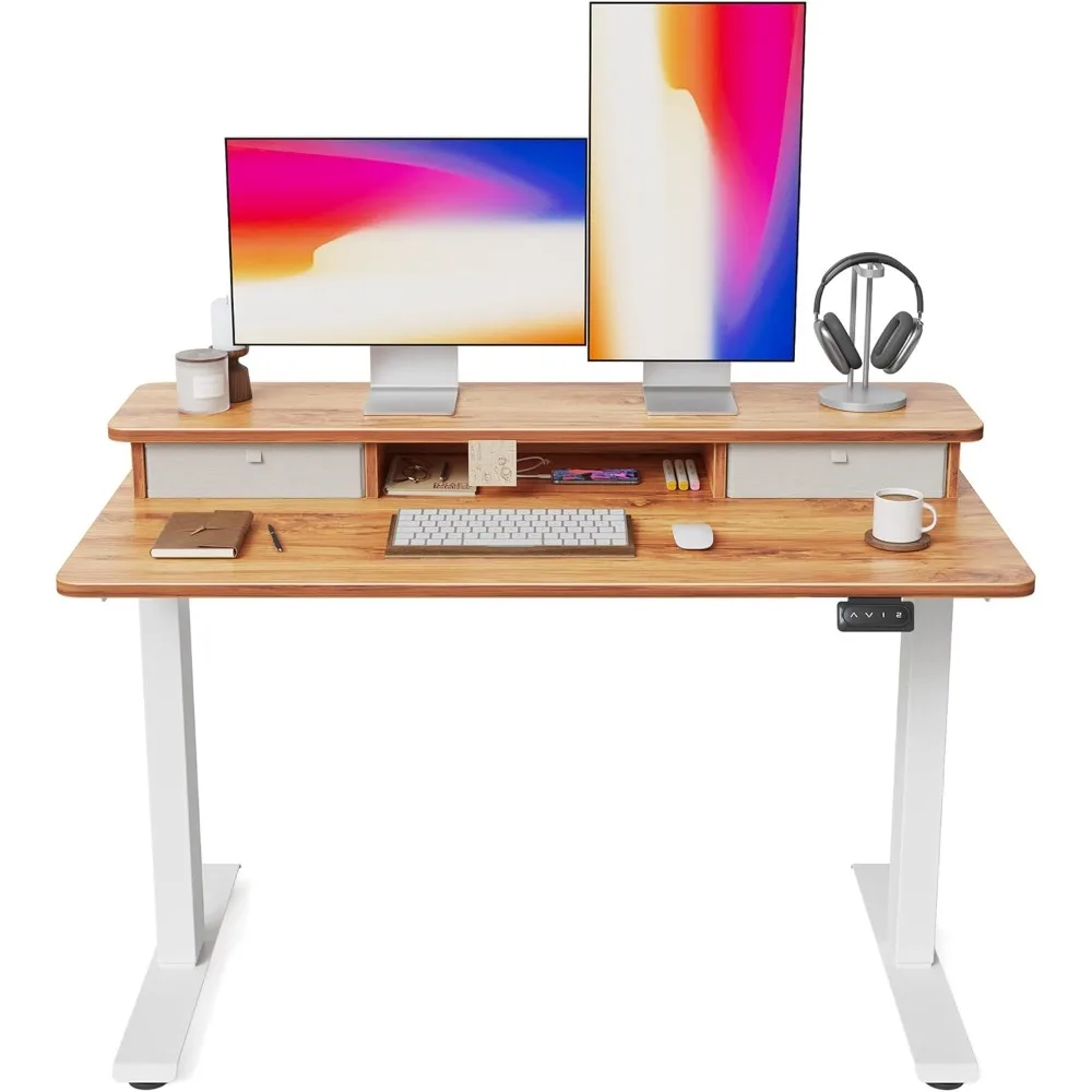 

48'' x 24'' Standing Desk with Double Drawers, Adjustable Desk, Home Office Stand Up Table with 4 Height-Adjustable Feets & 2 H