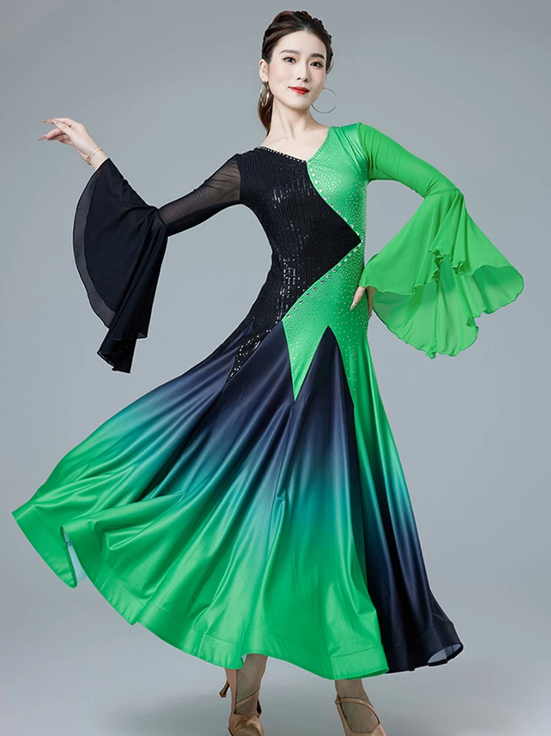Women Modern dance dress for women long flare sleeve Gradient waltz ballroom Latin dancewear square dancing big swing dress