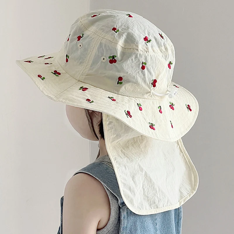 Summer Baby Sun Hat Quick-dry Beach Children Panama Cap for Girls Boys Embroidery Cartoon Kids Bucket Hats Neck Protection 1-4Y