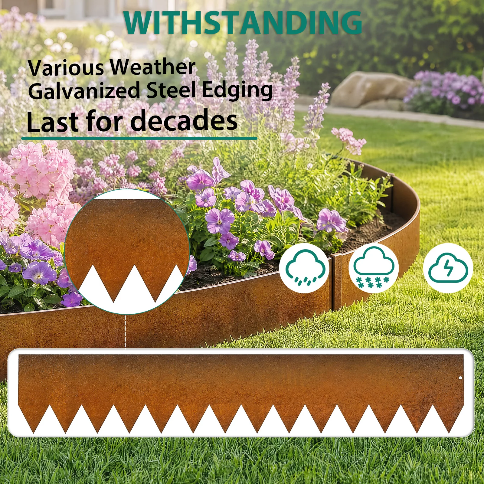 No-Dig Galvanized Steel Landscape Edging, Bendable Metal Lawn Edge - Ripple Teeth, Hammer-In Install - for Flower Beds, Yards & Pathways - 40 X 8 in