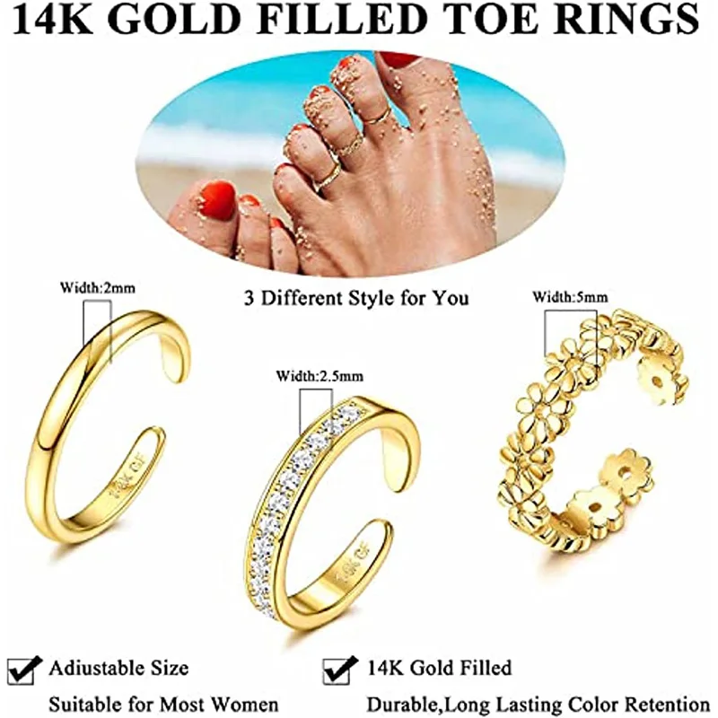 Juego de anillos de dedo del pie para mujer, 3 piezas, chapado en oro de 14K, ajustable, Simple, CZ, flor, joyería de playa de verano