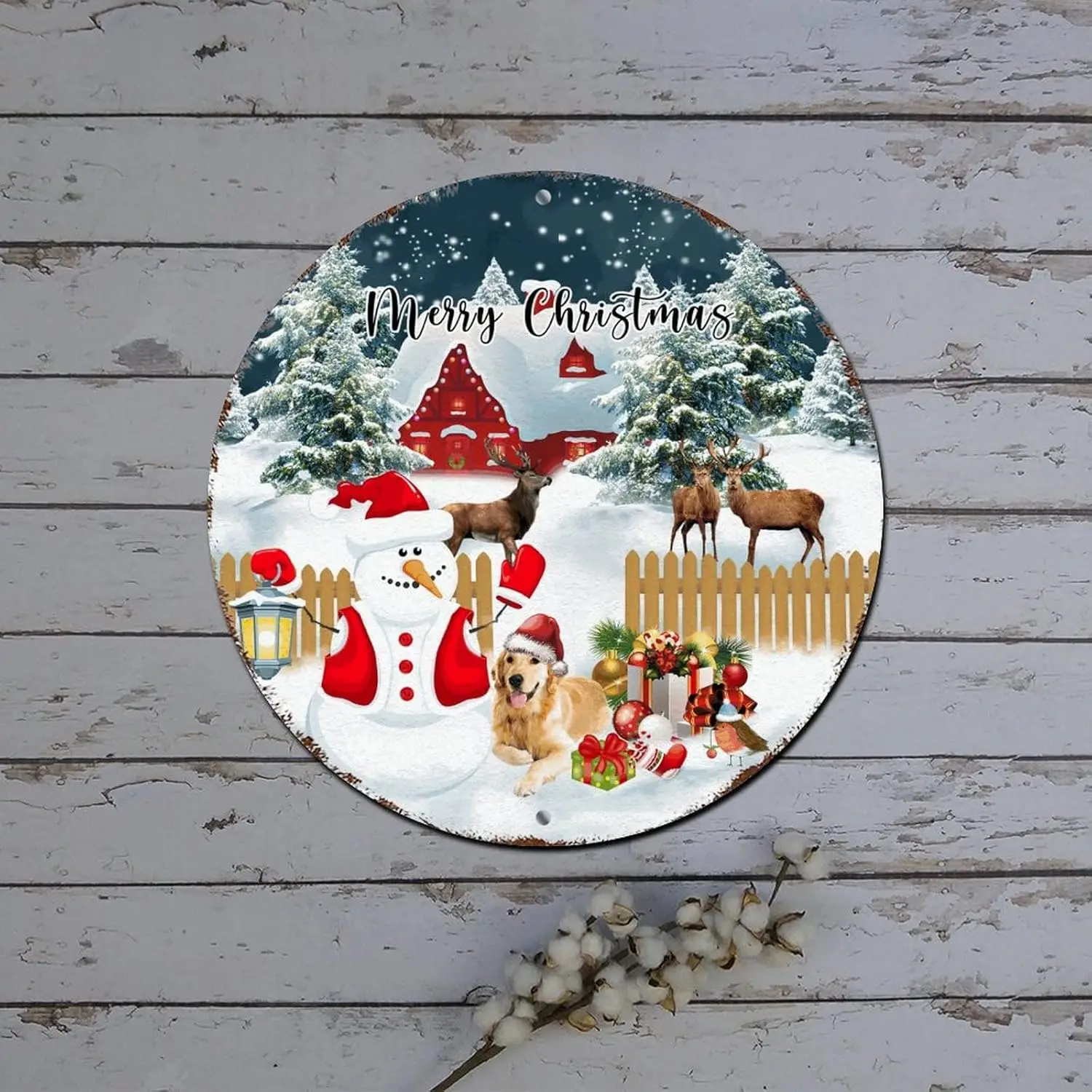 Christmas Metal Tin Signs Santa Snow House Winter Scene Dog Round Metal Tin Sign Christmas Decorations for Cabinets Distressed S