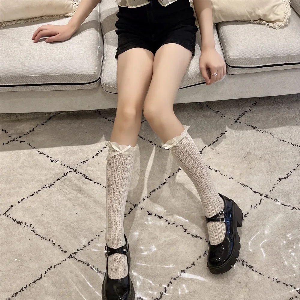 Retro Ruffle Women Stockings Japanese Long Socks Lolita Style White Lace Knee High Sock Sweet Girls Cute Bow Thigh High Stocking