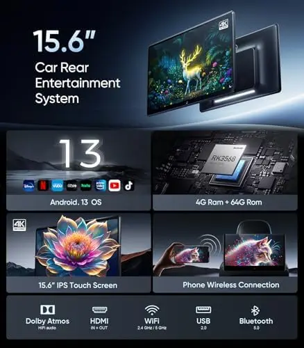 

15,6-дюймовый 4K монитор для автомобиля на подголовник с Android 13 – беспроводное зеркалирование, Wi-Fi, Bluetooth, HDMI, 4G+64G
