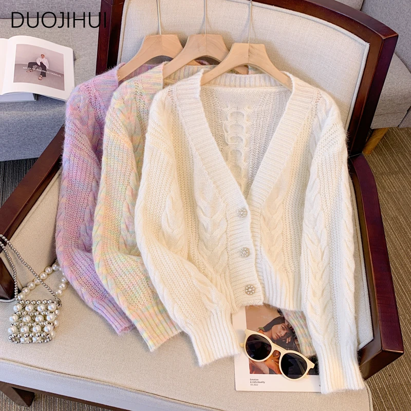 DUOJIHUI Chic V-neck Simple Spell Color Female Cardigan Autumn New Basic Long Sleeve Fashion Casual Knit Sweater Women Cardigan