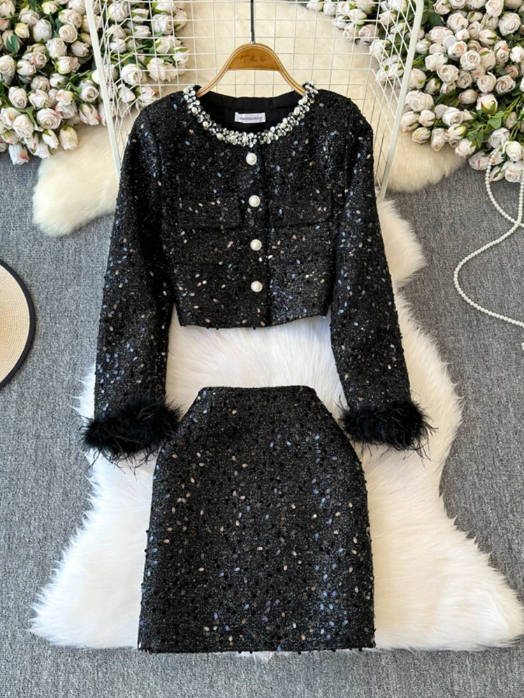Koreański styl szykowny okrągły dekolt paznokci koralik frędzle krótka kurtka + wysoka talia gruba tweedowa owinięta spódnica biodrowa zestaw damski temperament