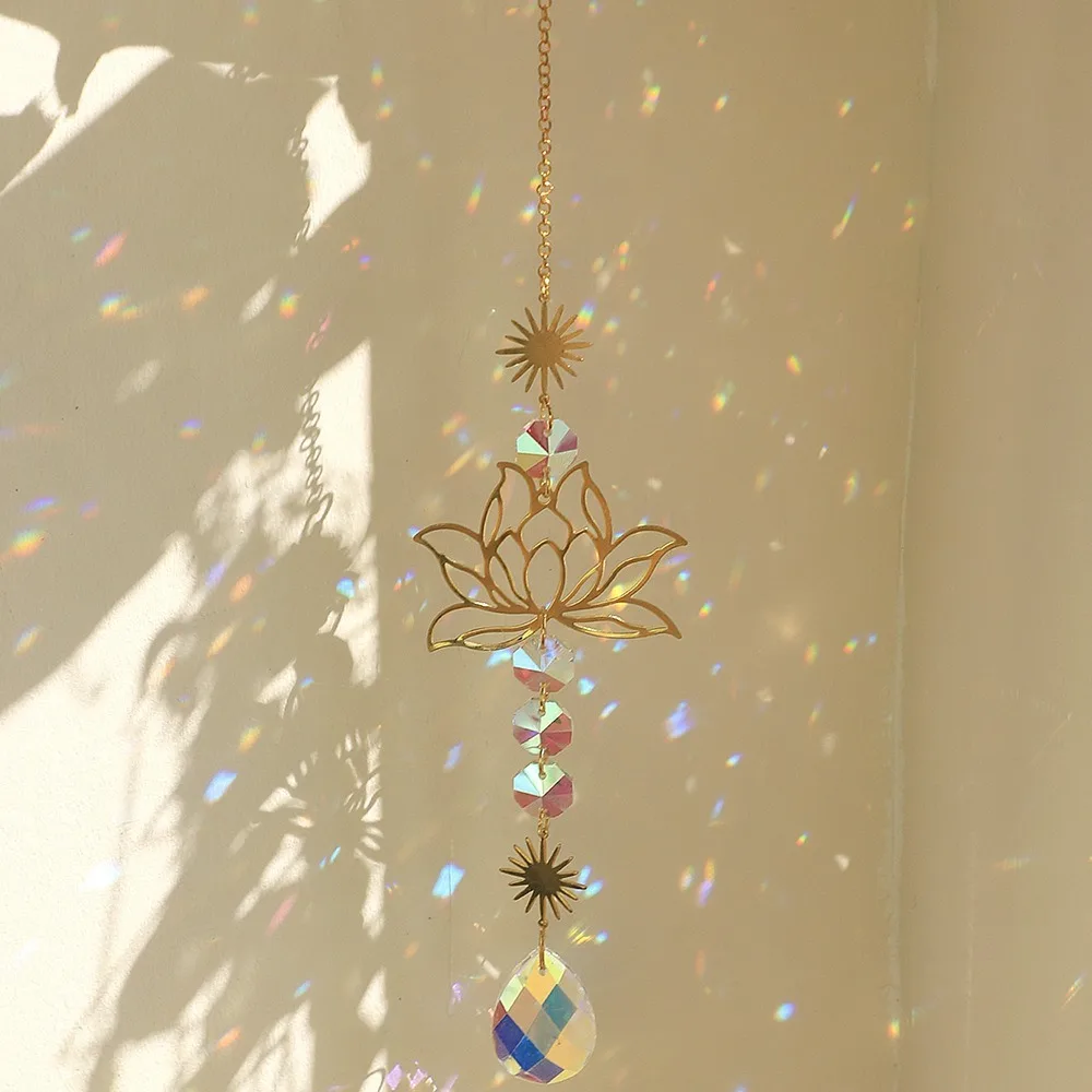 Crystal Lotus Hanging Wind Chimes Stained Glass Suncatcher Aesthetic Landscape Room Pendant Decor Garden Decor Sun Catcher